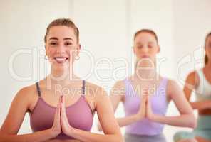 Group yoga fitness, team wellness meditation in namaste, spiritual unity with body and zen workout. Practice relaxing and healthy mindfulness in gym studio, pilates exercise and perfect posture