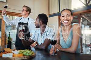 Couple and chef with glass of red wine alcohol and happy drinking portrait at a luxury restaurant. Sommelier with best, fine or quality wine tasting drink for food, culinary or hospitality industry