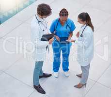 Medical, healthcare team or doctors discussing or consulting patient diagnosis or treatment in hospital. Professional medicine gp, nurse practitioners or health physicians working in a clinic