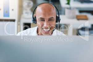 Customer support, receptionist or call center agent consulting with wireless headset. Happy telemarketer working in ecommerce with technology. Smiling hotline operator doing crm communication