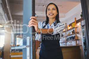Welcome to opening cafe, entrance door and store of coffee shop, restaurant or small business. Happy manager, proud entrepreneur and hospitality worker ready for good waitress service in open startup