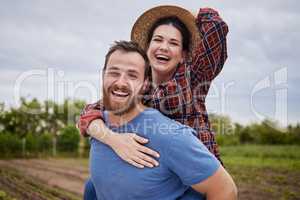 Couple, love and sustainability with a man and woman together on a farm in the agriculture industry. Portrait of a farmer working in a field for sustainable, zero waste and eco friendly farming