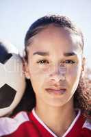 Serious, female and young soccer athlete with a football ready for a workout, match or exercise. Portrait of a teen student girl face in a sport uniform before fitness and school sports training