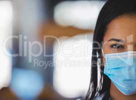 Covid, mask and portrait of doctor, nurse or medical healthcare worker wearing surgical mask to protect against the coronavirus. Closeup, safety and protection of health during pandemic in hospital.