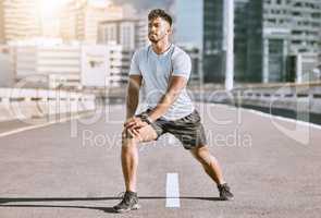 Runner stretching legs for exercise, workout and fitness training for sport performance in the urban city. Motivation, active and running wellness athlete ready for sports run, marathon or health jog