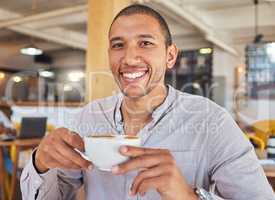 Coffee shop, break and relaxed man or customer enjoying and drinking delicious fresh espresso, caffeine or cappuccino at cafe or restaurant. Guy with happy face and cup drinking coffee in the morning