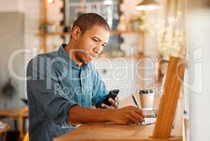 Serious, casual man entrepreneur working in restaurant cafe, calculating inventory and budget expense. Young male manager busy planning finance, accounting, tax report of his coffee shop startup