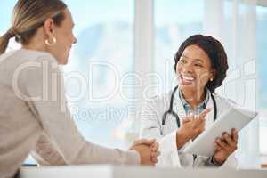 Doctor with patient and tablet showing lab results, good news for health insurance or medical cure in consultation visit or appointment. Healthcare worker with digital report giving advice to patient