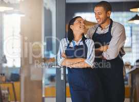 Small business owner, startup couple standing in coffee shop, cafe or store happy with business dream or entrepreneur development. Manager CEO man and woman with a vision, confidence and success