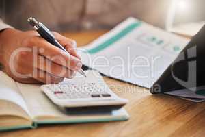 Accountant or financial advisor calculating the tax, expenses or budget for a business in an office. Closeup of male investment consultant hands working and writing company finance statement