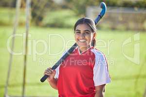 Happy female hockey coach portrait, womens team sport player with natural field background outdoors alone. Confident athlete training for competition, motivation fitness and collaboration exercise.