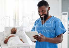 Smiling surgeon reading email about patient health and insurance plan in a hospital. Discovery, innovation and medical breakthrough with happy black doctor reading digital tablet, getting good news.