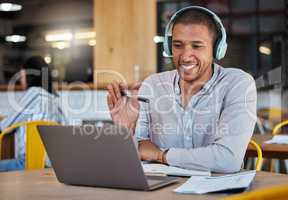 Man waving hands to greet hello on video call, online chat and virtual meeting with laptop webcam in a cafe. Happy freelance journalist and remote worker in conversation and internet communication