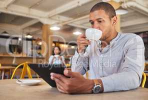 Restaurant, cafe business or bakery customer drinking coffee or tea on break, streaming or scrolling on social media. Relaxing consumer working freelance or doing online shopping on tablet