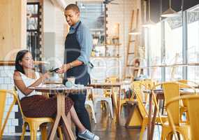 Waiter, retail and coffee shop customer tapping phone on machine for secure and easy mobile payment at cafe store. Trendy small business owner using snap scan transaction to pay for goods or service