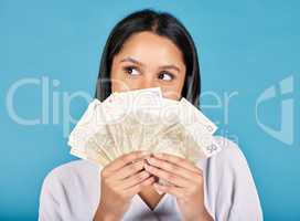 Money investment, finance and bank notes with after cash savings, budget and winning the lottery. Excited or happy woman, financial advisor or accountant with vision, loan or future money growth goal