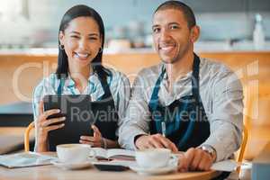 Small business owner, cafe entrepreneur or coworkers together in meeting and planning budget, expenses and stock. Teamwork of startup coffee shop manager and employee working on marketing strategy