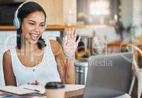 Laptop webinar, workshop training and meeting on online zoom call in cafe, restaurant or coffee shop. Remote student or woman waving and greeting on video conference and education presentation class