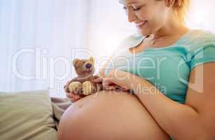 Well have tons of fun when the baby comes. a pregnant woman holding a teddy bear while relaxing at home.