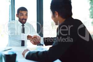 Glad to have you on our team. a two businessmen shaking hands in the workplace.