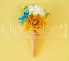 Therere certain things that just makes us excited for summer. a cone stuffed with flowers against a colorful background.