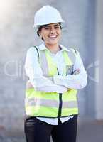 Construction, building and engineering with a woman contractor or technician outside on a build site for development, renovation or remodel. Construction worker ready for build, maintenance or repair