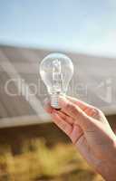 Mockup of hand with light bulb for solar energy in nature, sustainability for green change and clean energy for future environment. Research in sustainable industry and innovation with electricity