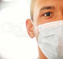 Covid, mask and closeup portrait for healthcare copy space background. Doctor, nurse or person wearing face protection of their health. Hospital safety for people at risk of infection medical advert.