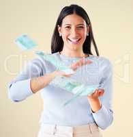 Money, investment growth and finance success of happy, winning and celebrating woman throwing cash, salary or earnings. Portrait of rich girl showing off growing wealth, profit and financial freedom