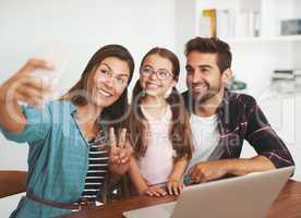 Smile for the selfie, sweetheart. a happy married couple and their young daughter posing for a selfie together at home.