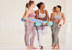 Fitness, wellness or health yoga friends bonding, talking and laughing in sports training, pilates workout or meditation studio. Calm, relax or happy women in diversity zen class in holistic exercise