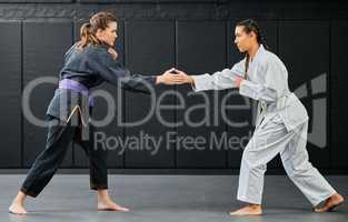 Karate training, handshake and exercise of female sport students about to start training. Student fitness and gym workout of women learning how to fight at a dojo studio, school and sports club