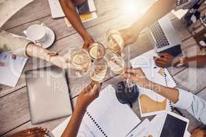 Digital business, champagne celebration or success from above tablet with creative and diversity startup men and women. Toast, party and fun event with bonding people, motivation friends with fun