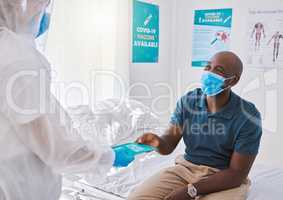 Medical doctor giving brochure to man with covid, wearing mask and getting healthcare wellness advice. Expert, professional or medicine worker consulting with patient and giving marketing insurance