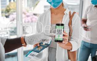 Covid passport, travel and QR code with immigration, travel and safety at an airport with security during travel restrictions. Identity document and refugee in a mask in the corona virus pandemic