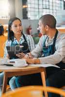 Startup, finance and coffee, cafe or small business owners at table with paperwork. Couple working on financial report and budget for restaurant. Accounting, fintech and monthly business loan payment