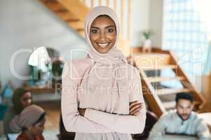 Muslim, arab and islamic woman in hijab headscarf enjoying eid, ramadan or holiday with family while celebrating religion, holy culture and islam faith. Portrait of a happy, smiling and modest female