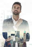 Contemplating his next move. a handsome young businessman superimposed on a cityscape.