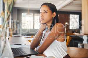 Woman thinking of idea, planning vision and dreaming of solution for thought, mind goal and question while working on laptop in cafe. Mindset, memory and inspiration of student, writer and freelancer