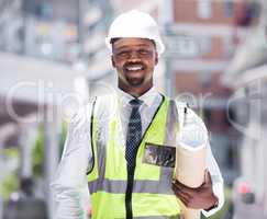 Business, builder and contractor man holding building plans with a vision for success in construction. Portrait of a happy smiling black man with a plan and idea for architecture design in the city.