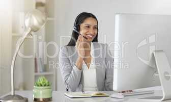 Customer service, consultant and contact support by call center agent talking to a customer on video call. Happy employee enjoying online customer care while working on guidance and advice in office