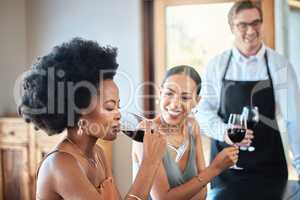 Beautiful women friends taste a red wine glass together for brunch party in a luxury restaurant. Happy woman with an afro drinking with her friend at a distillery restaurant for alcohol with a smile