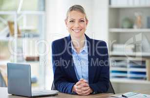 Smile, happy and proud business woman, entrepreneur and leader working in a corporate office. Portrait of a accounts executive, hr manager and administrator in a startup agency with happiness at work