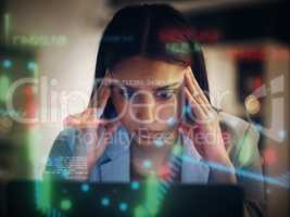 Headache, stressed and serious frustrated finance trader feeling bad, tired and unhappy with her financial stock investments. Upset, worried and worried female thinking while working on her computer