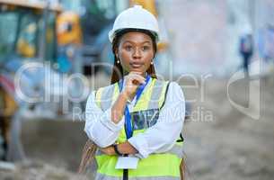 Logistics security, construction worker and woman thinking with arms crossed on building site, doing inspection and working as engineer at work. Professional builder and manager with creative vision