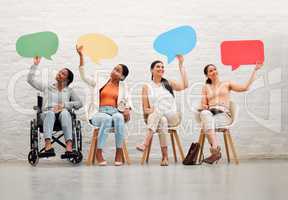 Diversity, collaboration or social media speech bubbles of women community news thinking in digital advertising office space. Communication, review or vote mockup of friends with disabled woman