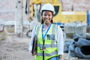 Happy engineer, construction worker or architect woman feeling proud and satisfied with career opportunity. Portrait of black building management employee or manager working on a project site