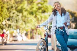 Eco friendly, worker travel and bike break outside in city. Business woman commuting with bicycle to reduce carbon footprint. Sustainability person traveling with green mindset and responsibility.