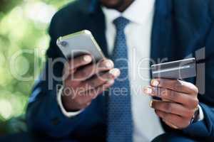 Online, hands and banking of business man in ecommerce with digital purchase on phone with credit card. Businessman advertising at work in marketing, shopping and internet with mobile technology.