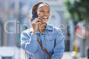 Black woman on talking phone, business networking and calling customers with 5g in city in morning travel to work. Smile, happy and motivation from entrepreneur with tech and global success vision
